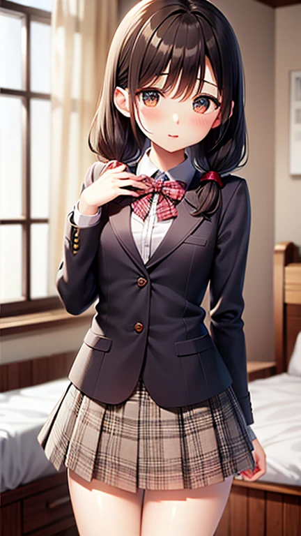 Best Quality, High resolution, Very detailed, Detailed Background, Perfect lighting、Very detailed,blush、(Female 1 Male１)、bedroom、Low Twintails,Small breasts,good(plaid good)、blazer