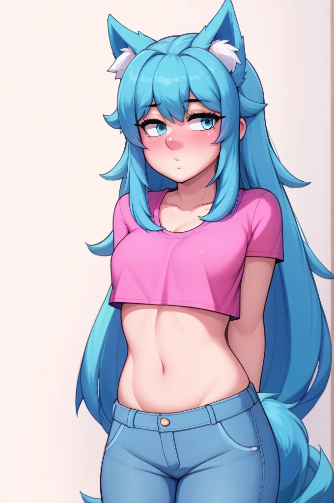 Tight top, three-quarter angle, pink bikini, micro bikini, perky nipples, simple shading, simple background, :3 face, cat ears, blue hair, chibi face, chibi body, cute belly, big tits