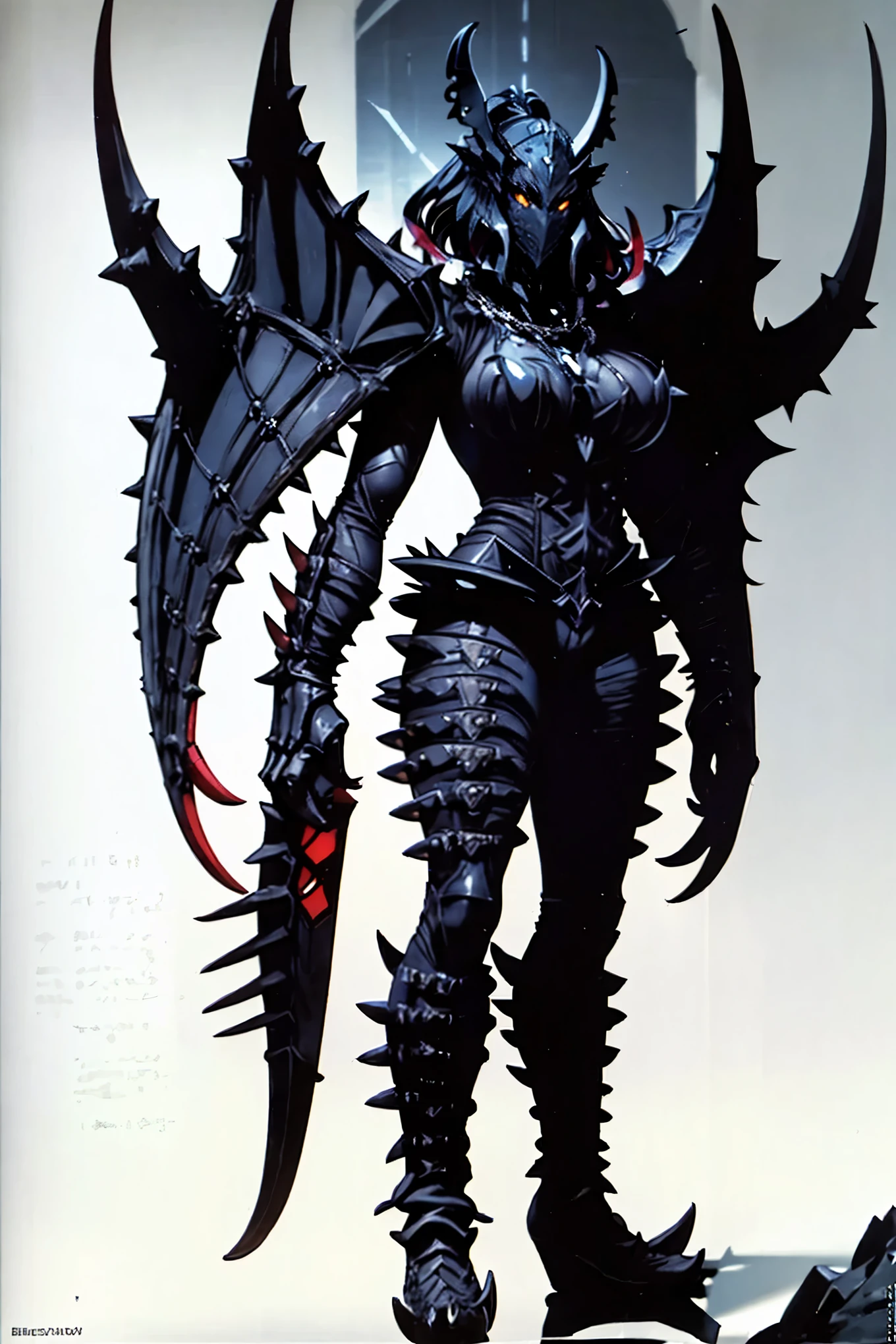 Female Knight. one person. Bikini armor. Black armor. Spiky spines. chain. Large gauntlets. Sharp claws. Warhammer. dark smog background.