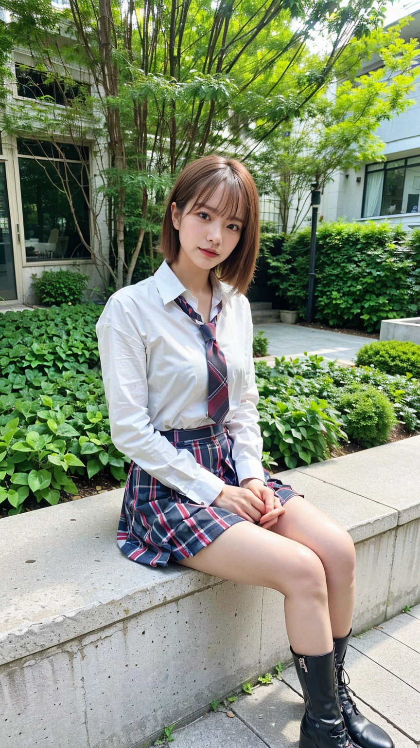 (8k、RAW Photos、Best Quality、masterpiece:1.2)、(Realistic、Realistic)、1 person、((Medium Hair、shirt、tie、Breast enlargement、Checked skirt、Thin legs、boots、View from the front、Looking into the camera、garden、Sitting))、cute