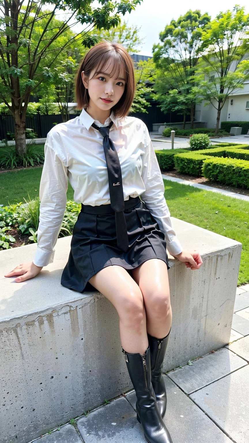 (8k、RAW Photos、Best Quality、masterpiece:1.2)、(Realistic、Realistic)、1 person、((Medium Hair、shirt、tie、Breast enlargement、Checked skirt、Thin legs、boots、View from the front、Looking into the camera、garden、Sitting))、cute