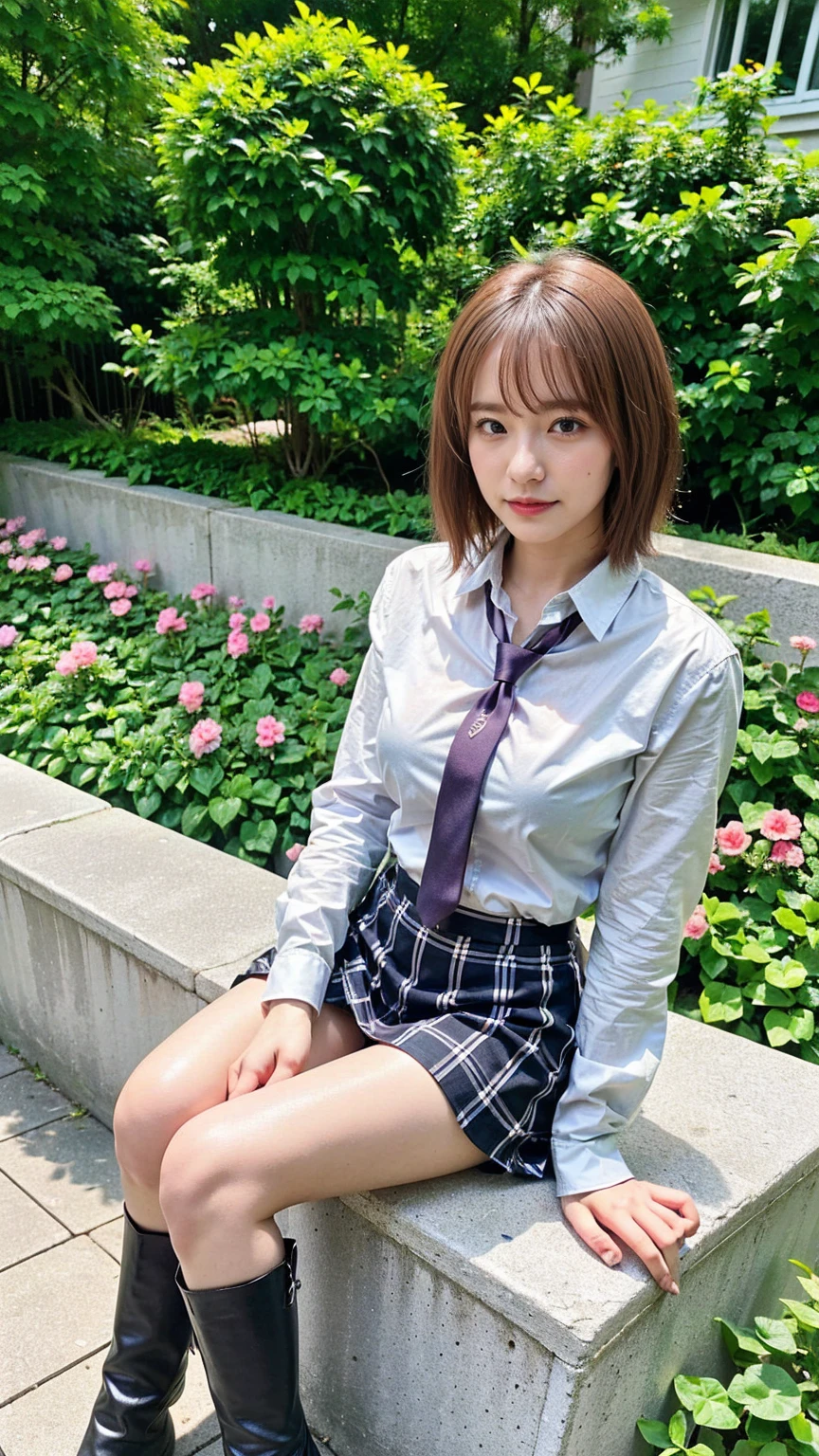 (8k、RAW Photos、Best Quality、masterpiece:1.2)、(Realistic、Realistic)、1 person、((Medium Hair、shirt、tie、Breast enlargement、Checked skirt、Thin legs、boots、View from the front、Looking into the camera、garden、Sitting))、cute