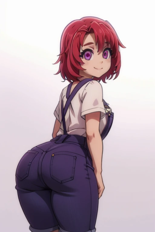 1girl, looking back, booty, blush, amazing, lovely girl, from behind, ((Eft_goblin_cow, ahoge, red hair, (purple eyes:1.1, shorts jeans), short hair, curvy, overalls, white shirt)), best quality, great artwork, sensual image, bouncing ass, (white background, shy, smiling, simple background, clean:0.9), eyes detail,  solo, as original,  solo,
