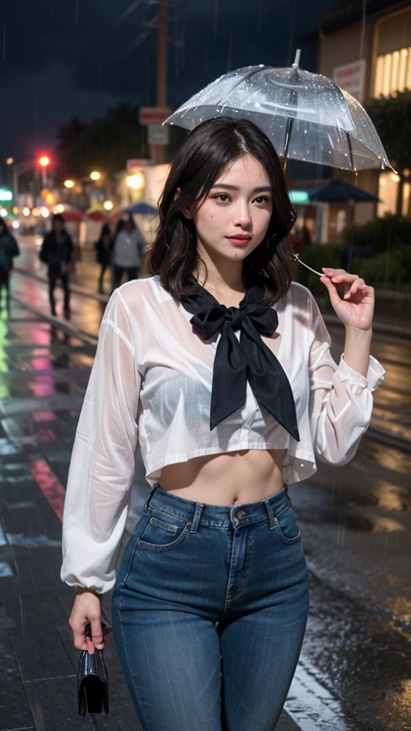 ulzzang-6500-v1.1, (RAW photo: 1.2), (Real photo), (Real photo: 1.4), 1 girl、Perfect anatomy、1、Looking at the camera、Medium length hair, pigtails on both sides, Wet hair in the rain, soaked clothes, no umbrella, walking on the street, ((on the street without a single person, in the rain under the cold night sky: 1.1)), (Wet clothes: 1.2), (Business service)、Asian eyes Ella,