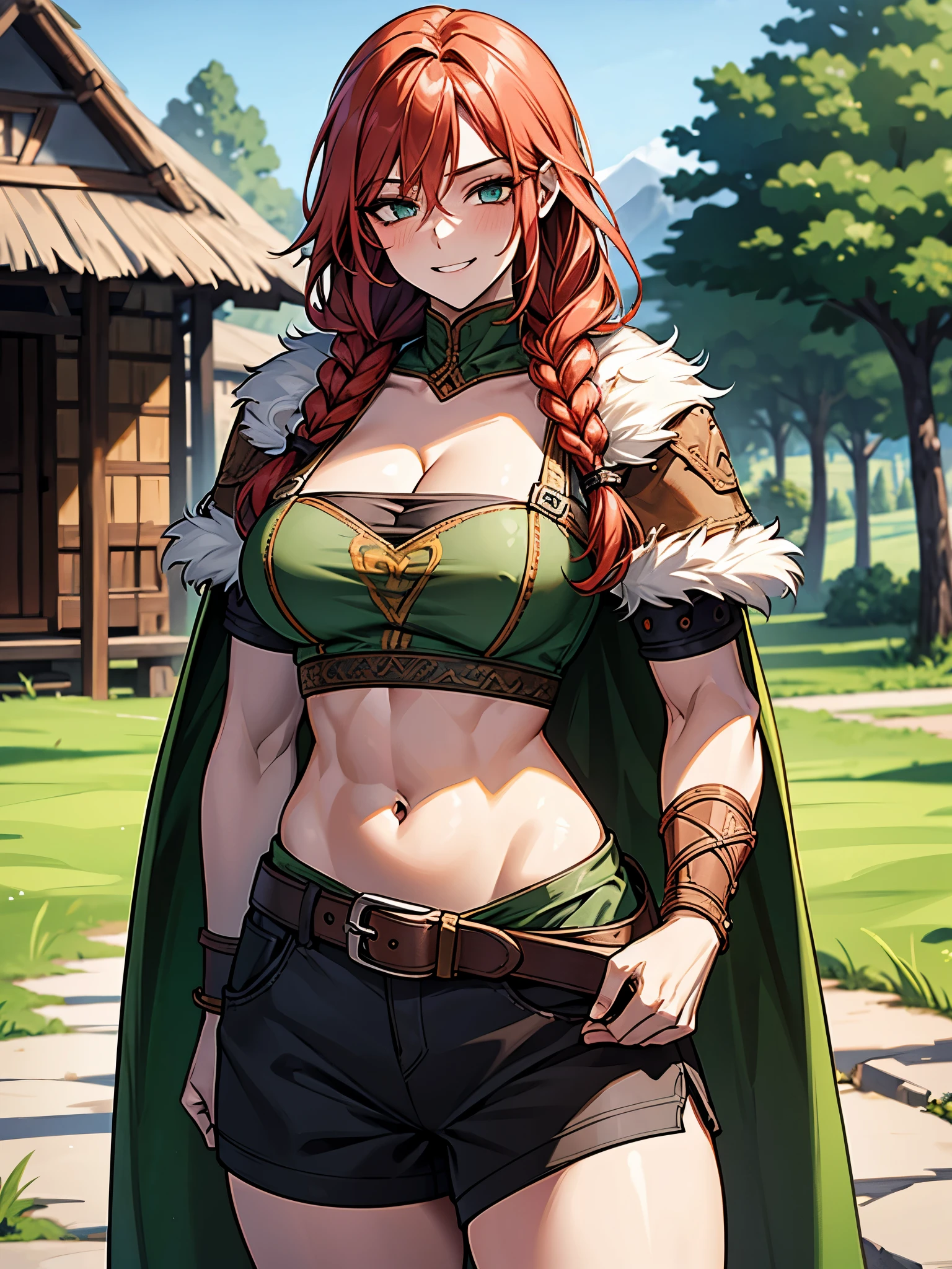 1girl, long redhead, with braids, female viking, dwarf, arm on hip, voluptous body, (masterpiece: 1.2), (best quality: 1.2) highly detailed face, beautiful and meticulous eyes, flirty smile, muscular, athletic, voluptuous body, cleavage,  busty chest, barbarian, green crop top, fur cape, arm guard, shorts, little waist hip pouch. forest background with wooden house.