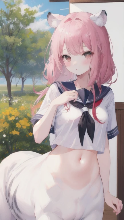 masterpiece, best quality, perfect anatomy, 1girl, solo, light orange blonde hair, fine detailed shiny green eyes, long hair, side tail, no skirt, white shirt, ((blush)), embarrassed, ((white panties with green bow, crotch seam, Cameltoe)), short sleeve, lying on bed, middle chest, female masturbation, white seats, pussy juice drip through panties, close mouth ,white flower and green bow hair ornament, open shirt