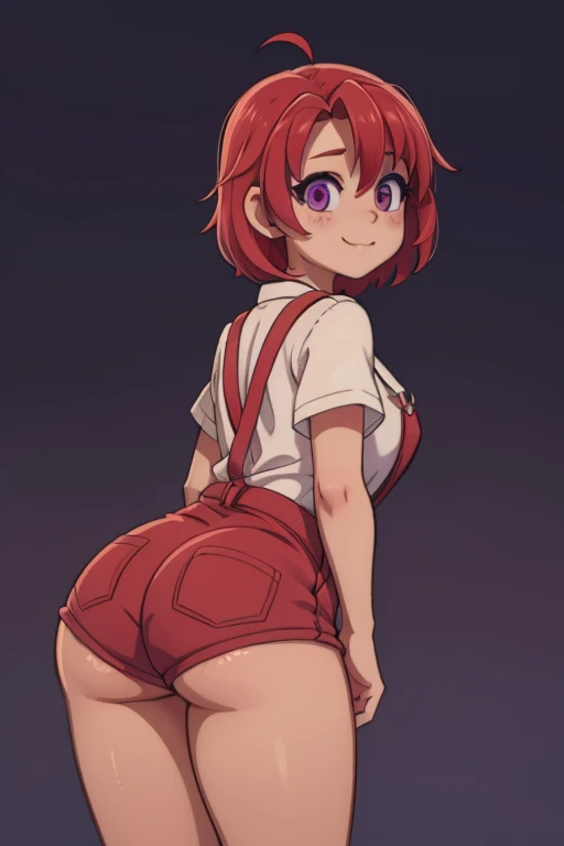 1girl, looking back, booty, blush, amazing, lovely girl, from behind, ((Eft_goblin_cow, ahoge, red hair, (purple eyes:1.1, red panties), short hair, curvy,  blue overalls, white shirt)), best quality, great artwork, sensual image, bouncing ass, (white background, shy, smiling, simple background, clean:0.9), eyes detail,  solo, as original,  solo, NUDE
