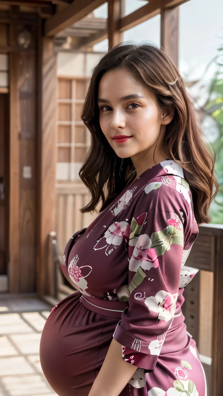 ((20 years old girl)), (wearing luxurious yukata outfit, jewelry: 1.4), ((in a medieval japanese palace)), (night time), ((pregnant)), (((gigantic size breasts, cleavage))), (hourglass figure), lipstick, photorealistic, masterpiece, realistic, realism, photorealism, high contrast, photorealistic, 8k HD high definition detailed realistic, detailed, skin texture, hyper detailed, realistic skin texture, best quality, (photorealistic:1.4), high resolution, detailed, raw photo, photo realistic, (high detailed skin:1.2), 8k uhd, dslr, soft lighting, high quality, film grain, Fujifilm XT3), hyper realistic lifelike texture dramatic lighting unreal engine, even, neutral light, key light, bold, bright colours, daylight, (balanced saturation), (dynamic lighting), (natural lighting), ((soft red lipstick)), (natural makeup), ((ginger hair)), ((glossy skin)), (colorful lighting), (soft smile : 1.7), (feminine pose : 1.5), ((side way angle photoshoot : 1.7)), (look at camera : 1.4)