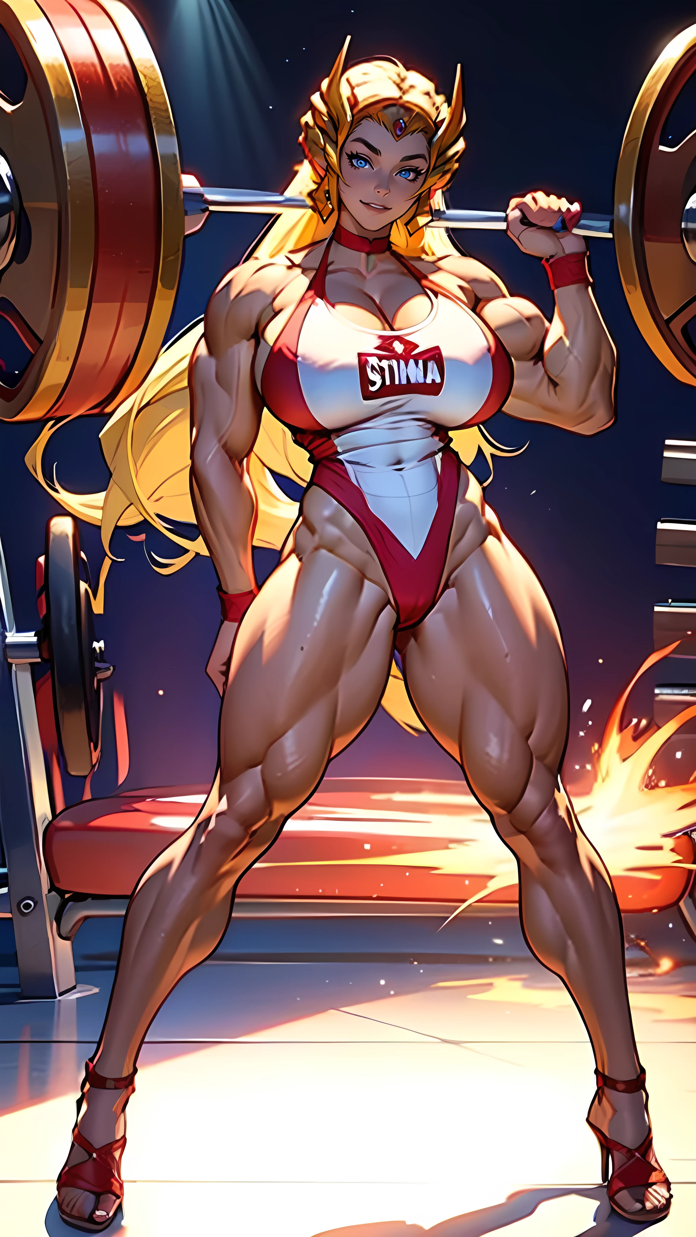 SheRaQuiron character, (((Sexy Translucent She-ra Costume))), (((MASSIVE FEMALE BODYBUILDER:1.7))), ((HUGE BREASTS:1.9)), (thick legs and calves), ((thick arms)), slim waist, wide hips