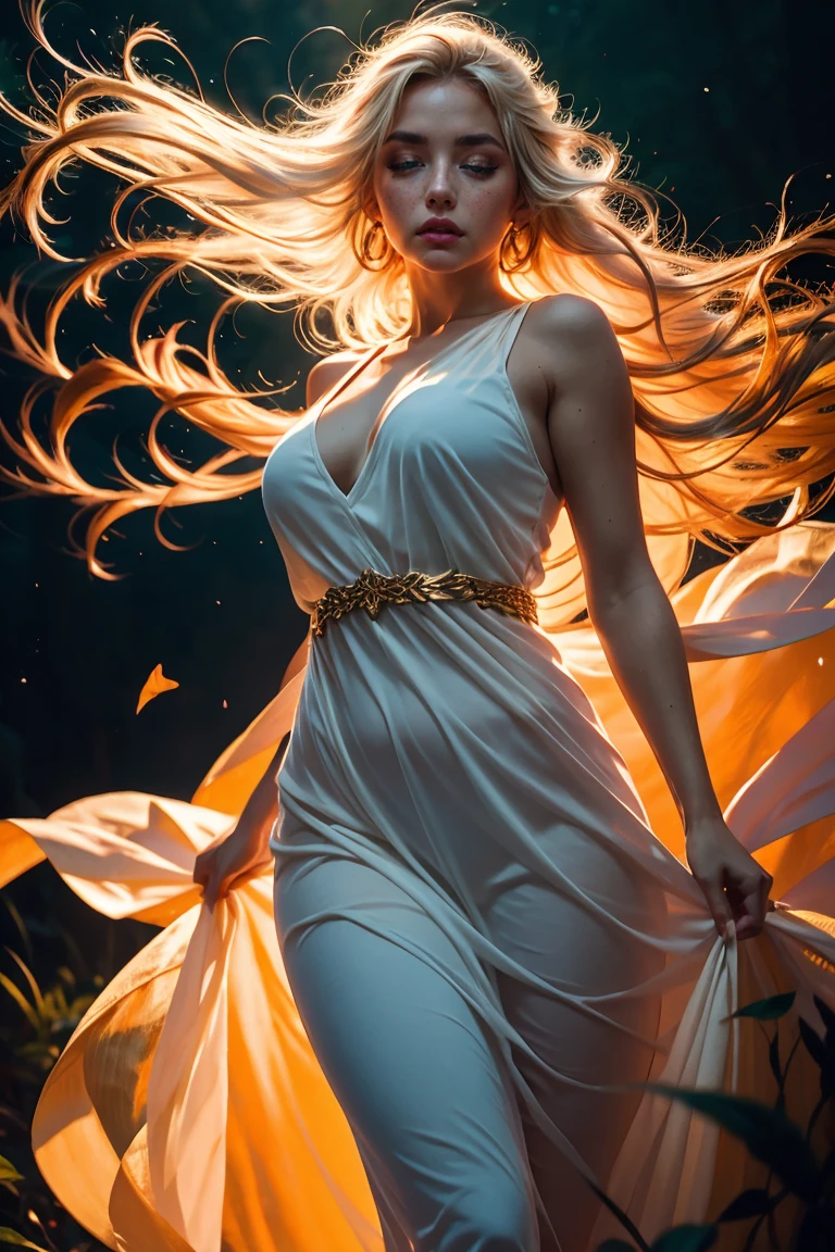 An elf in a long dress being lifted by the wind, long straight white hair, soft moss, Gold Ornament, deep forest, Deep blue tones, dark atmosphere, brush painting style, OUTLINE, vibrant colors, soft lighting, (masterpiece, best quality:1.2)
