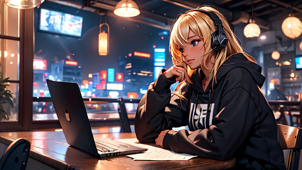 1girl,night cafe,night cityscape through window,side profile,casual clothes,hoodie,headphones,studying alone,sitting on chair,closed mouth,anatomically correct,best quality,4k,8k,highres,masterpiece,ultra-detailed,realistic,photorealistic,photo-realistic,HDR,UHD,studio lighting,ultra-fine painting,sharp focus,physically-based rendering,extreme detail description,professional,vivid colors,bokeh,interior table