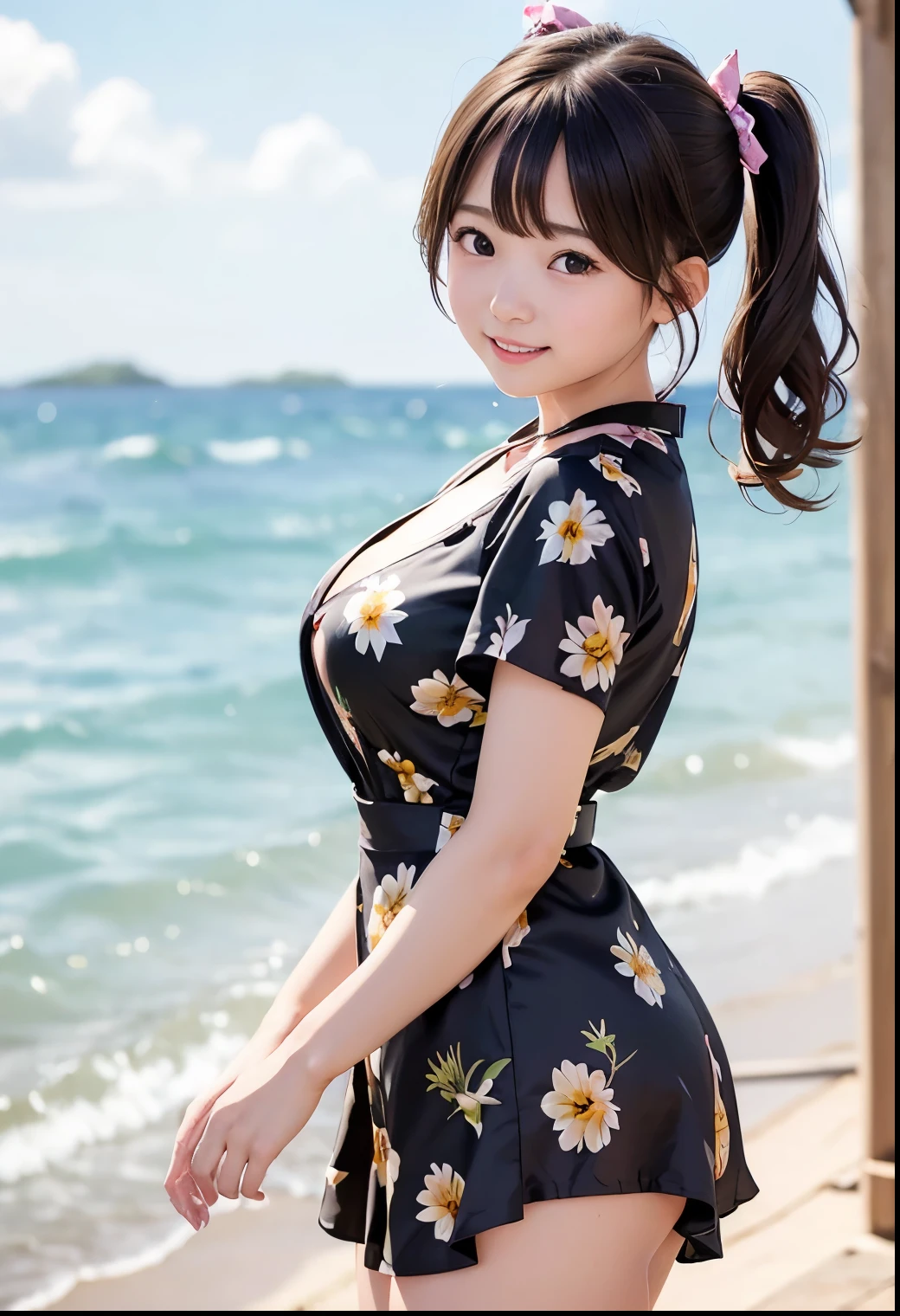 ( Best Quality、masterpiece:1.3、Ultra-high resolution)、(Very detailed、Caustics) (Real:1.4、RAW shooting、)超Realなキャプチャ、Very detailed、Natural skin texture、masterpiece、(A Japanese elementary school girl wearing a black satin lily print dress:1.3)、Hair blowing in the wind、Adorable expression、Expression of joy、、: 、Baby Face、Innocent Girl、Amazingly cute、Twin tail hairstyle、Curly Hair、ribbon、Black Hair、Large Breasts、Shining thighs、Shining ass、necklace、Photo taken on a beach in Okinawa、Background Details、smile、Attractive gaze、(Anatomically correct)、Cowboy Shot、Attention to detail、