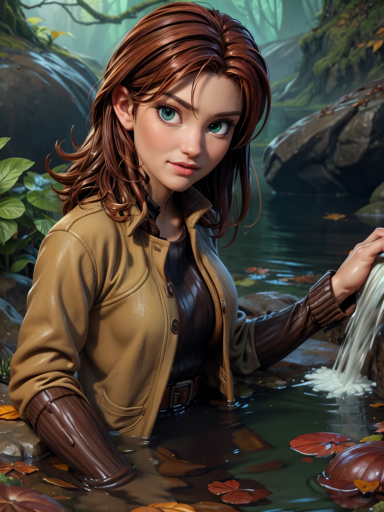 masterpiece, best quality, autumn outfit, colorful hair, outdoor,upper body, colorful autumnal clothes, ((fully clothed)), warm clothes, wet clothes, soaked, drenched, excited, wet hair, wet and slimy, water up to her chest, submerged, fantasy environment, fantasy black forest environment ,fantastical, vivid colors, varied poses, detailed green eyes, beautiful German girl