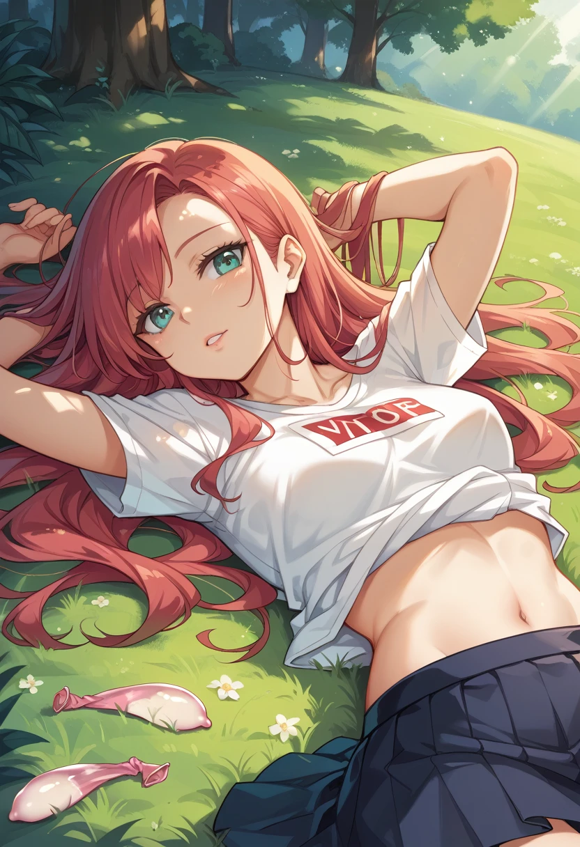 Raw photo: 1.2, 16 year old pre-teen, (real skin: 1.3), long hair: 1.3, redhead, camouflage t-shirt, small cleavage, no panties, raped, sexual pose, beautiful mutant girl, photorealistic