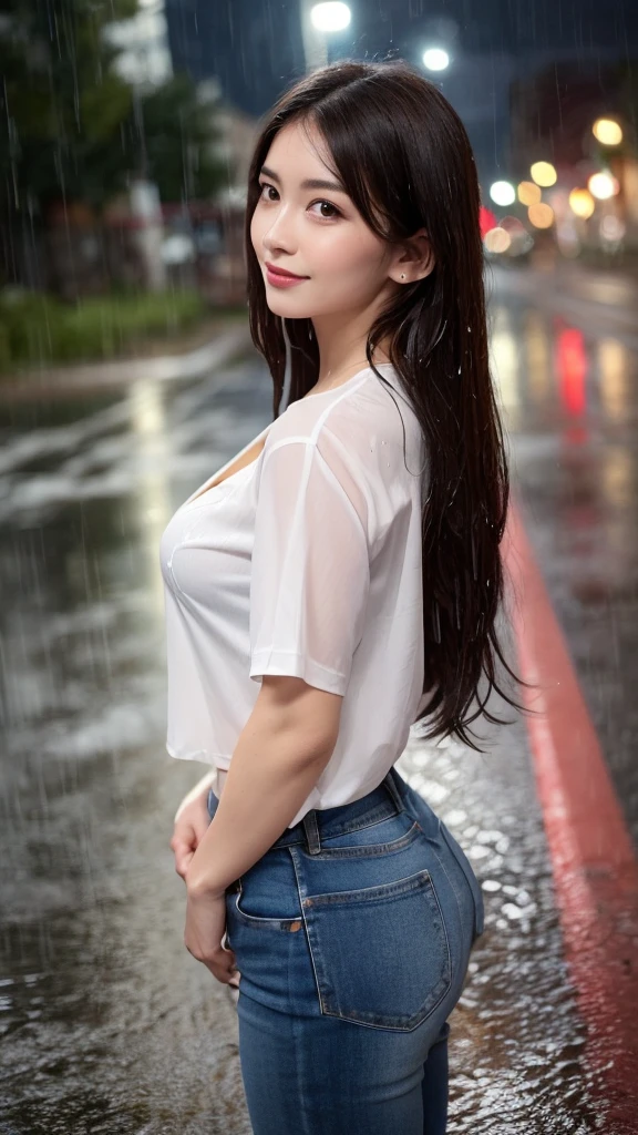 1 Japanese beautiful girl,28yo girl, Super beautiful detailed face, (smile:1.4), earrings, (blonde semi-long straight hair with parted bangs:1.4),(front view:1.5), (medium shot), (chubby body), (neutral-colored large ??????:1.4),(nipples), BREAK, masterpiece, best quality, ultra quality, high quality, realistic, photo realistic, RAW photo, hyper detailed, intricate detaile,(crowded street:1.2),cinematic lighting,(denim micro skirt:1.3),(no bra),(wetshirt:1.4),white T-shirt,wet hair, ((dark cloud and sky)), raining, (rain filtered), (rain splashes in water),(lightning:1.2),(raindrops:1.1),(downpour:1.2),(raining:1.3),(nipples poking through shirt:1.3),above knee shot,((from front)),(revealing skirt),(showing panty,panty shot),