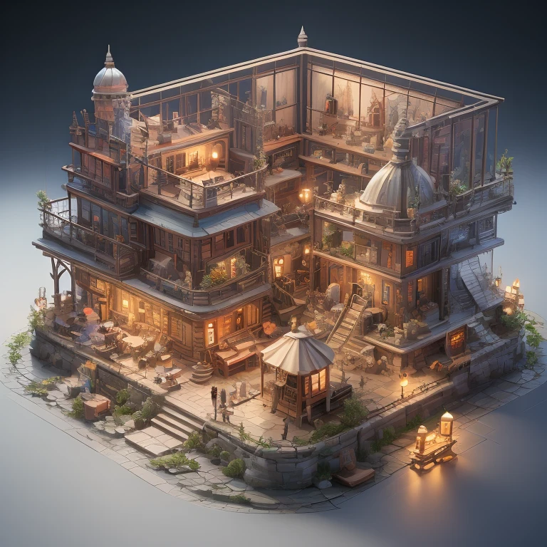 Isometric digital game art of a medieval village with thatched roofs, a market square, and townsfolk