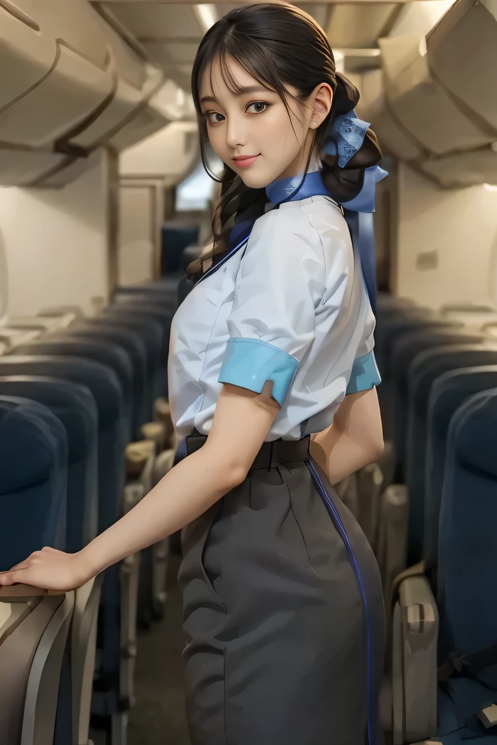 (masterpiece:1.2, Best Quality:1.2), 32K HDR, High resolution, (Alone、1 girl)、（On the roof of a building during the day、Professional Lighting）、Building rooftop background、（ANA cabincrew uniform blueを着たリアルスタイル）、（（ANA cabincrew uniform blue short sleeve blouse 、 ANA cabincrew uniform blue skirt with blue line on the back、Scarf around the neck））、Dark brown hair、（Long Hair、Hair tied up、Hair tied up）、Dark brown hair、Long Shot、Big Breasts、Thin legs、（（Great hands：2.0）），（（Harmonious body proportions：1.5）），（（Normal limbs：2.0）），（（Normal finger：2.0）），（（Delicate eyes：2.0）），（（Normal eyes：2.0））)、smile、（ANA cabincrew uniform blueを見せた美しい後ろ姿）、Hands down