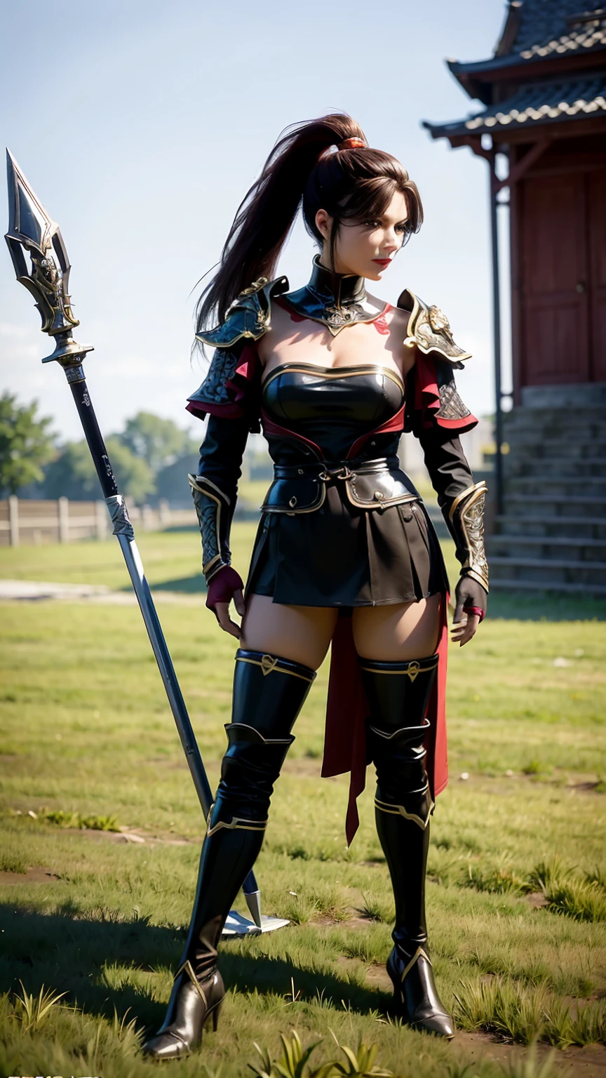 1sologirl (cha hae-in) sitting on wooden bench at park showing back to me, expressionless, looking at viewer, golden armor, leather black collar, shoulder armor, long sleeves, red gloves gauntlets, pelvic curtain, plain breasts, thick thighs, curvy hips, military boots with feet together