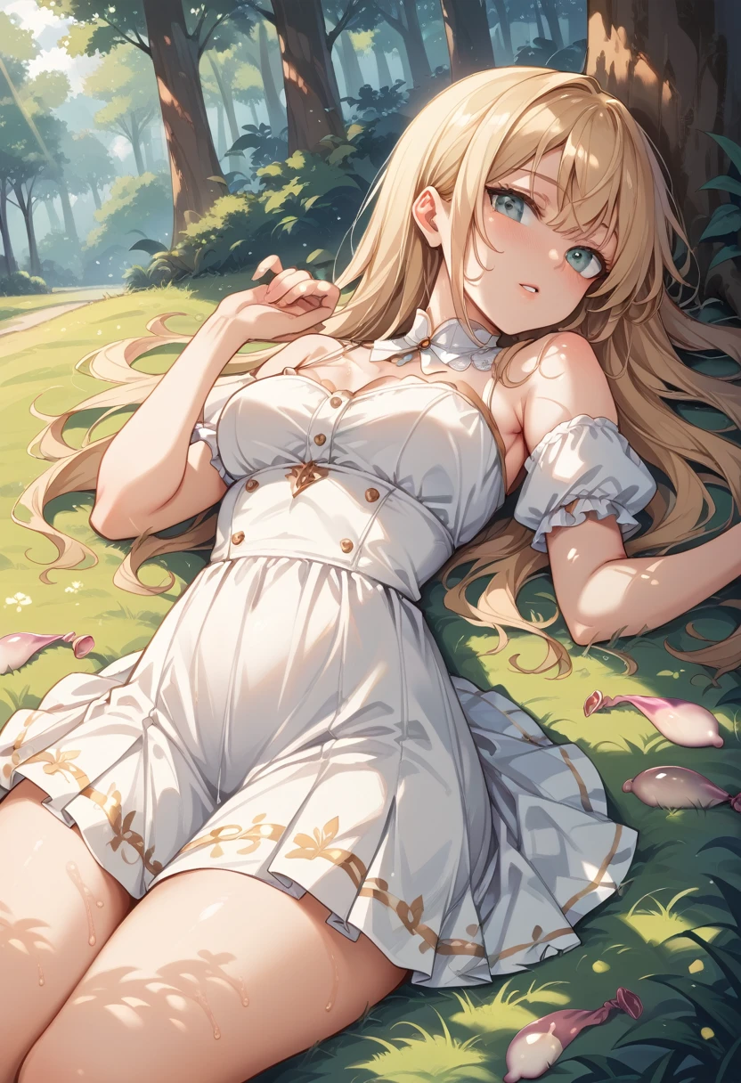 (Masterpiece), Best quality, （CharacterDesignSheet，Same role，frontage，Lateral face，on  back）, wears a white dress，Purple lace，（White lace gloves，Purple lace），There are flowers on it,   concept-art，Lace gloves，Off-the-shoulder attire