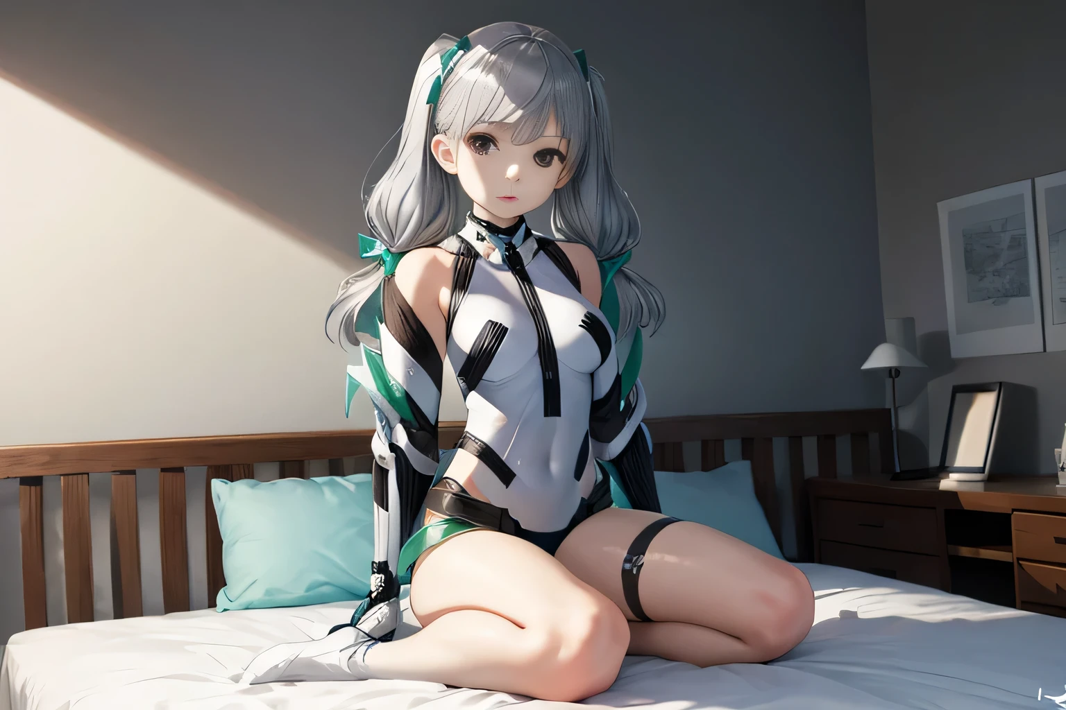 (high-quality、Best Rendering)、(Beautiful female、Miruko、My Hero Academia)、(bomb、Pin-up style)、Musculoskeletal augmentation々body、thick muscular legs、big chest、Big muscular buttocks、Split abs、Silver Hair、Long straight hair、Sanpaku eyes、Red eyes、Thin eyebrows、Less lashes、Rabbit ears with long ears、Elaborate hair、Psychopaths、Crazy face、Glaring at viewers、Grumpy face、Sleeveless white leotard up to the neck、Blue edge、Blue Knee High Socks、High-tech sneakers、on a bed、Sleeping on your back、Almost naked、Psychopaths、Crazy face、The body is turned to the front、spread leg、Spread your legs with both hands、central、Scale to dimensions、Camel toe