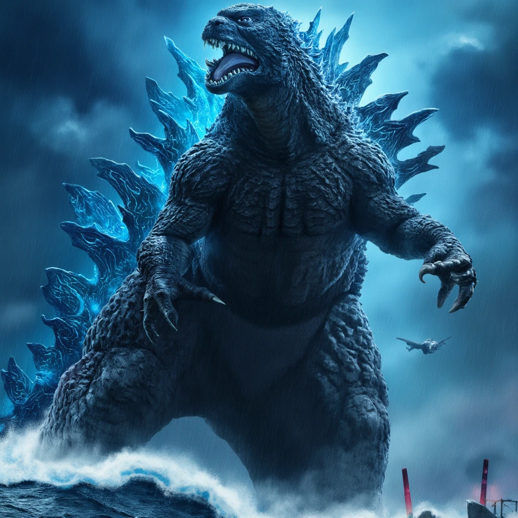 (masterpiece, best quality:1.2), Hi3_godzilla, godzilla surfing, full body shot