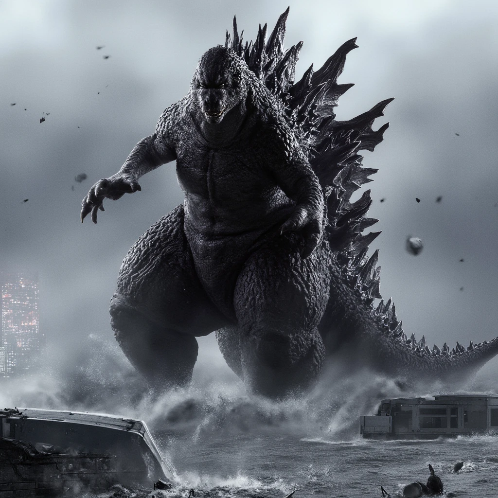 (masterpiece, best quality:1.2), Hi3_godzilla, godzilla surfing, full body shot