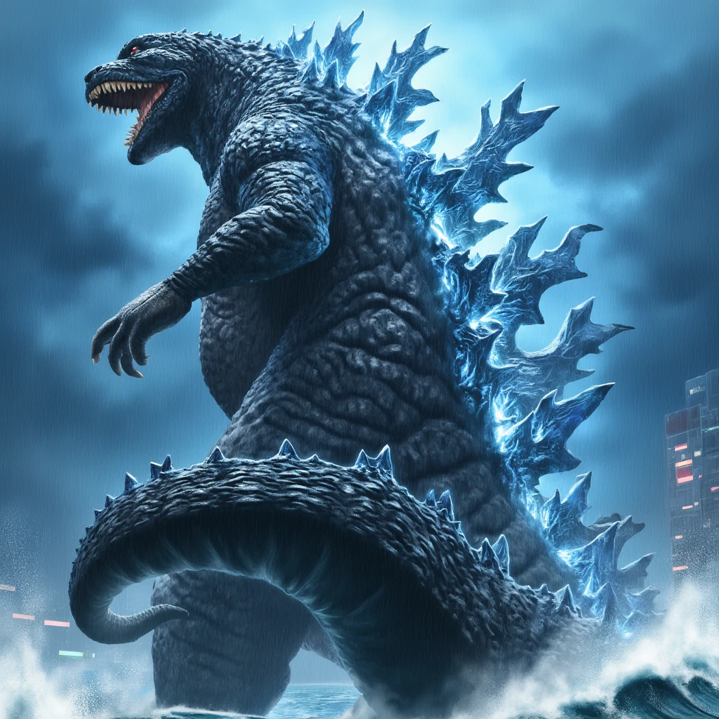 (masterpiece, best quality:1.2), Hi3_godzilla, godzilla surfing, full body shot