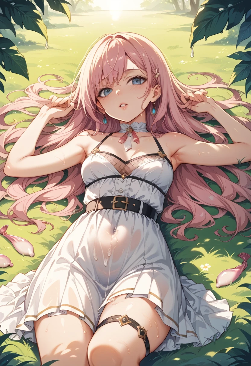 An anime girl,Pink long hair,Green eyes,Immortal Cultivation,chest,thigh,Fairy