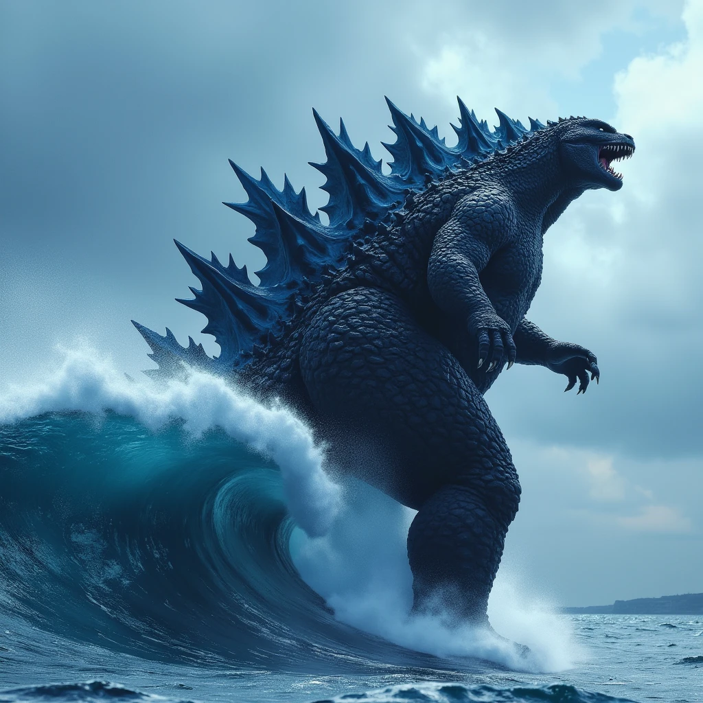 (masterpiece, best quality:1.2), Hi3_godzilla, godzilla surfing, full body shot