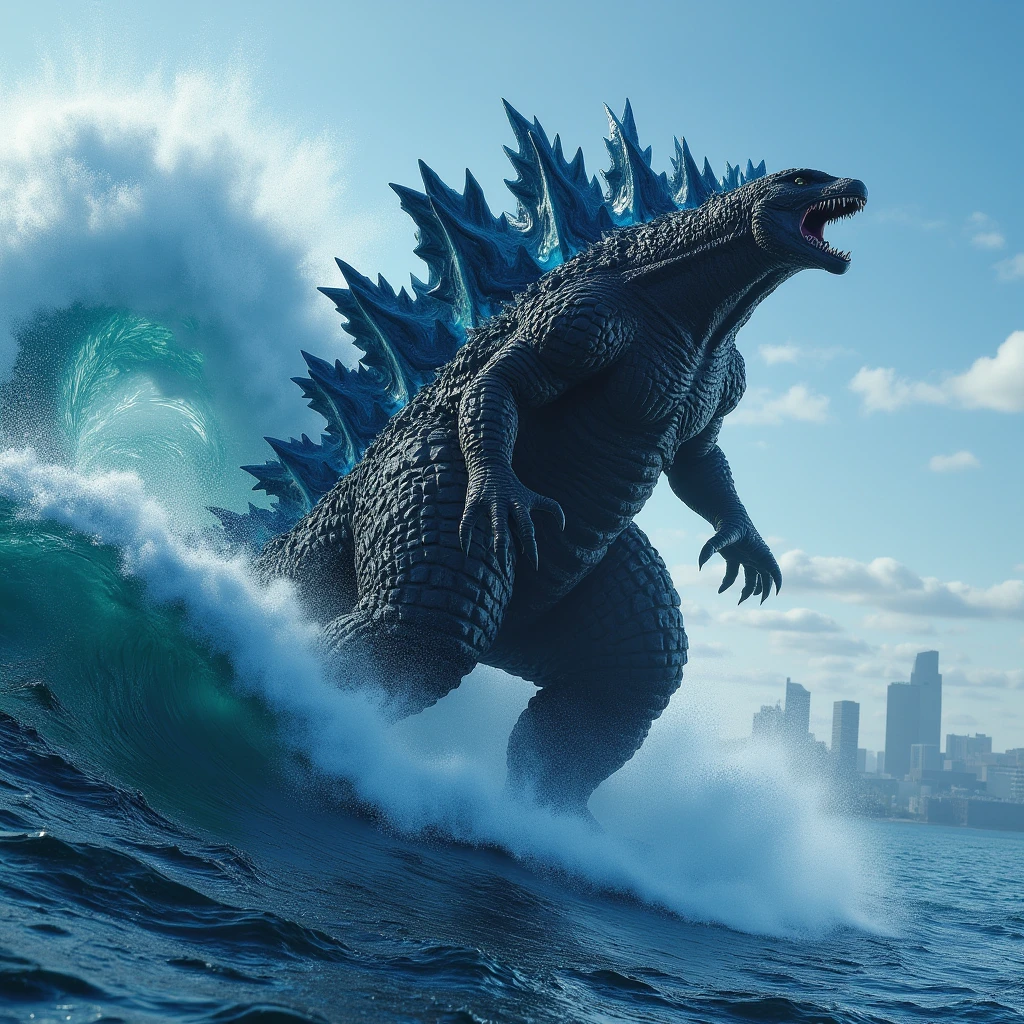 (masterpiece, best quality:1.2), Hi3_godzilla, godzilla surfing, full body shot