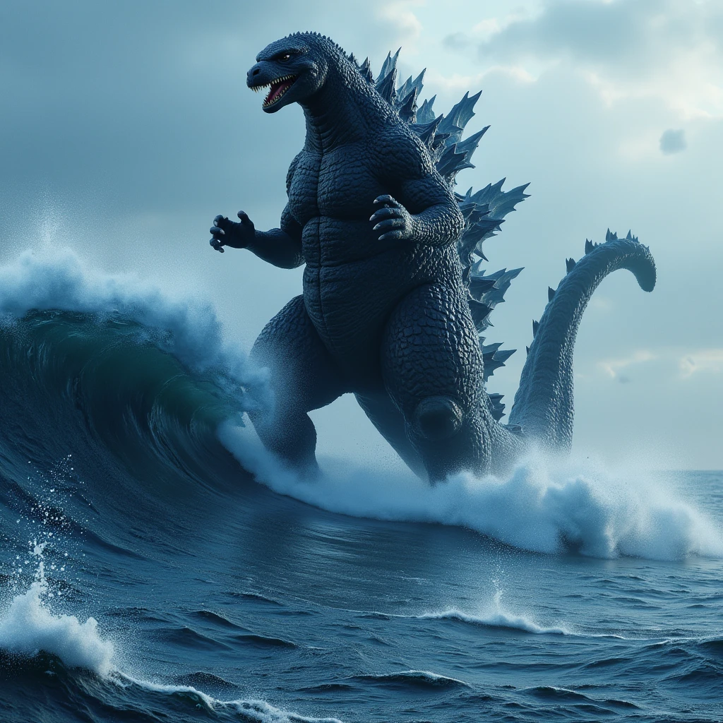 (masterpiece, best quality:1.2), Hi3_godzilla, godzilla surfing, full body shot