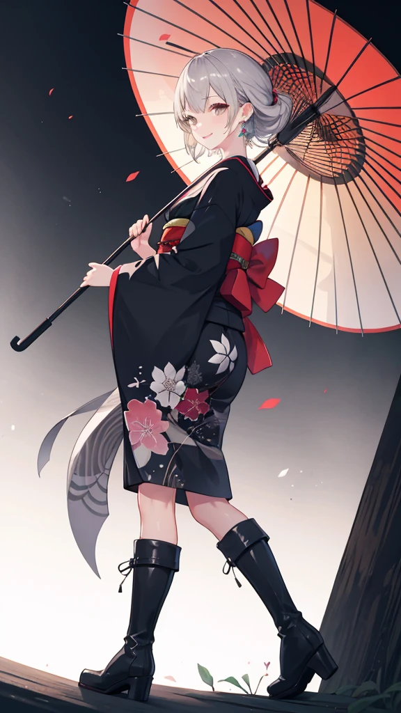 One Girl, High resolution, Best Quality, Ultra HD, Gray Hair, Slender, Black kimono, Big Boots, Earrings, Japanese Umbrella, Related to screen content, Captivating smile, Low Angle, Low angle, Slender, 