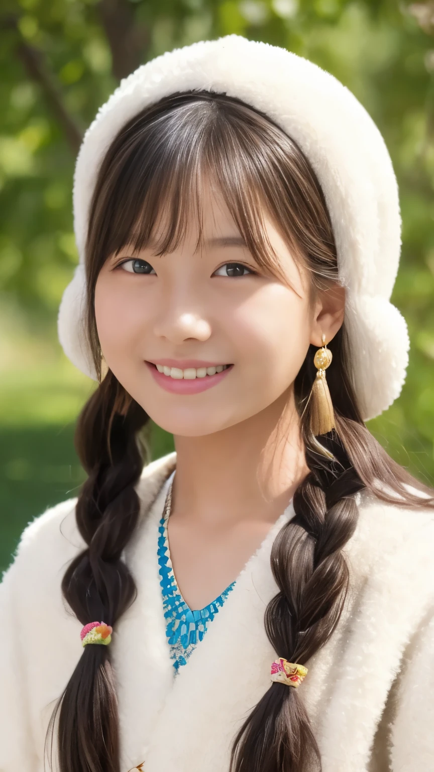 a girl, long braided hair, Tibetan girl, close up, head slightly raised, Smile, Bust, Upper Body, Sunny appearance, Gorgeous Tibetan clothing, Bulky Tibetan necklace, Bulky Tibetan headdress, Lint on clothes, White stuffed animals, Live-action CG, Sweet style, movie style, 4K HD