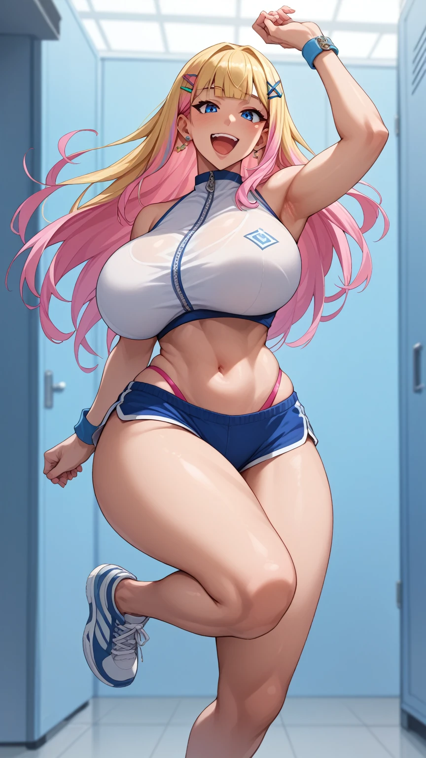 Score_9, Score_8_up, Score_7_up, Score_6_up, Score_5_up, Score_4_up, Source_anime, Tag1, Tag2, quality_masterpiece, Anatomically correct, Huge breasts, Wide hips, Huge butt, Thick thighs, Young female, Sensual woman, Seductive, Long hair, Blonde hair, two-tone hair, Pink hair, Blunt bangs, Sidelocks, hairpin, blue eyes BREAK action_jumping, pose_jumping, pose_floating, arm_stretch, emotion_happy, emotion_love, emotion_excited