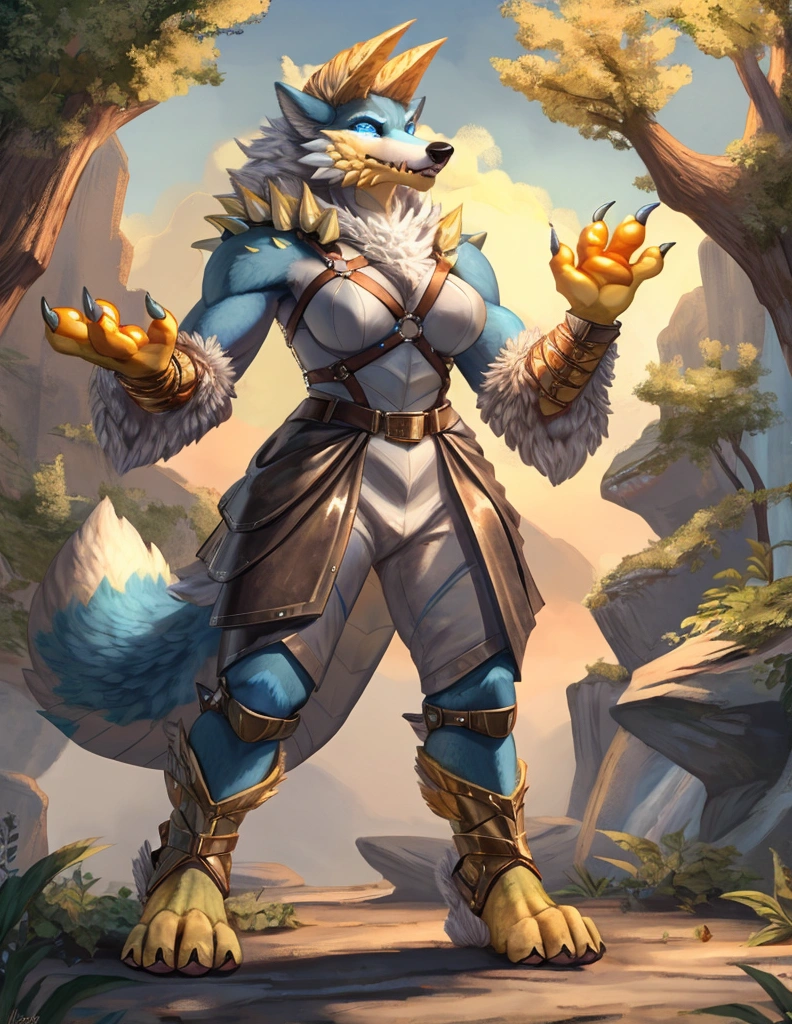 A fusion of a Wolf and a Dragon, Female, Yellow horns, High Quality, 4K, Wolf tail,((full body, Tall, blue eyes, Blue body, white furry, yellow hand, yellow feet, Blue face,4TOES, 4FINGERS, Wolf Mouth, Fluffy Wolf TAIL)),((horns)), Wolf Mouth, sharp teeth, spikes, detailed hands(4Fingers)), ,spikes, DETAILED FEET, , Epic armor, forest, Epic Leather Armor, Leather Armor, thick Harness, Metal Buckle, Druid Armor, Nature Armor, Lighting Eyes, Electricity aura, Leather Belt, Leather Crotch, Heavy Belt, Armored, Crackling Aura, Lighting Skin, 4FINGERS, Ranger Clothes, Ranger Leather, Fluffy Wolf Tail, Relaxed Stance, Casual Stance, Deep Mountain Forest, 