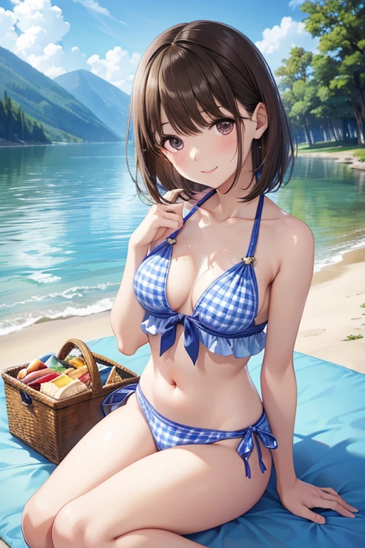 On the tranquil lakeside、A realistic Japanese beauty with a bob haircut wearing a gingham bikini、A realistic scene of her sitting on a picnic blanket。She is smiling with a sandwich in hand。Background is blue々A tranquil lake and trees々Spread、A peaceful daytime picnic moment is depicted。