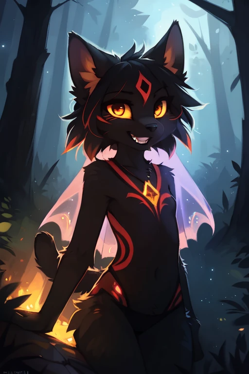 fox, fox ears, fox tail, perfect anatomy, perfect eyes, perfect background, (night environment), (field, fireflies, camp), (1girl, solo, kneeling), green eyes, expressionless, (orange fur:1.3, black fur:1.5), (anthro furry:1.6), tiny breasts, necklace, narrow waist, abs, wide hips, loincloth, native american headdress, red dreadlocks, bodypaint, tribal tattoo, (best quality:1.4, great quality:1.4), 8k, subsurface scattering
