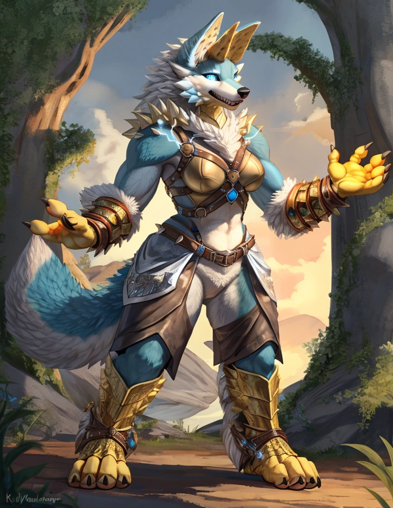 A fusion of a Wolf and a Dragon, Female, Yellow horns, High Quality, 4K, Wolf tail,((full body, Tall, blue eyes, Blue body, white furry, yellow hand, yellow feet, Blue face,4TOES, 4FINGERS, Wolf Mouth, Fluffy Wolf TAIL)),((horns)), Wolf Mouth, sharp teeth, spikes, detailed hands(4Fingers)), ,spikes, DETAILED FEET, , Epic armor, forest, Epic Leather Armor, Leather Armor, thick Harness, Metal Buckle, Druid Armor, Nature Armor, Lighting Eyes, Electricity aura, Leather Belt, Leather Crotch, Heavy Belt, Armored, Crackling Aura, Lighting Skin, 4FINGERS, Ranger Clothes, Ranger Leather, Fluffy Wolf Tail, Relaxed Stance, Casual Stance, Deep Mountain Forest, 