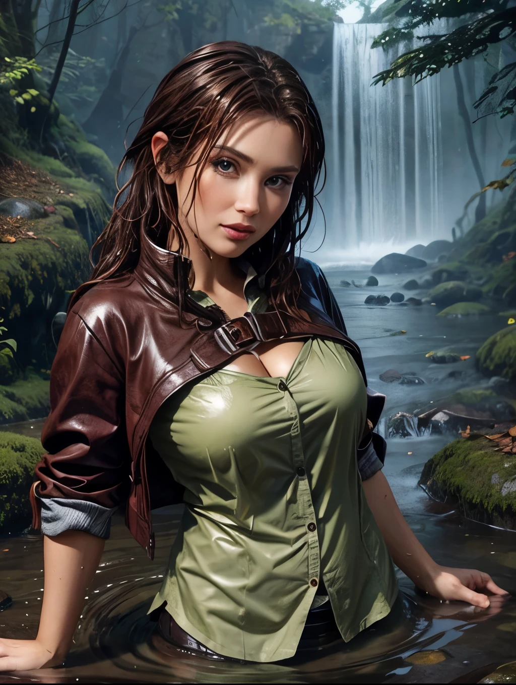 masterpiece, best quality, autumn outfit, colorful hair, outdoor,upper body, colorful autumnal clothes, ((fully clothed)), warm clothes, wet clothes, soaked, drenched, excited, wet hair, wet and slimy, water up to her chest, submerged, fantasy environment, fantasy black forest environment ,fantastical, vivid colors, varied poses, detailed green eyes, beautiful German girl