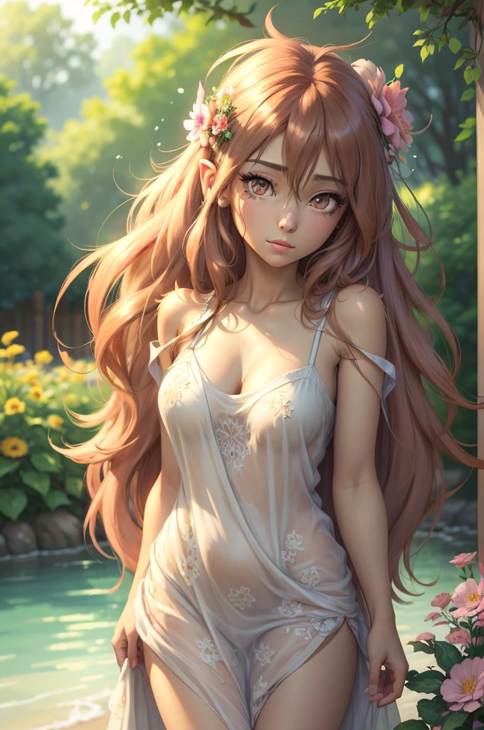 Kurisu Makise, les cheveux bruns, toute nue avec un air sexy. Pas de vêtements. Dans une prairie au bord d'une rivière