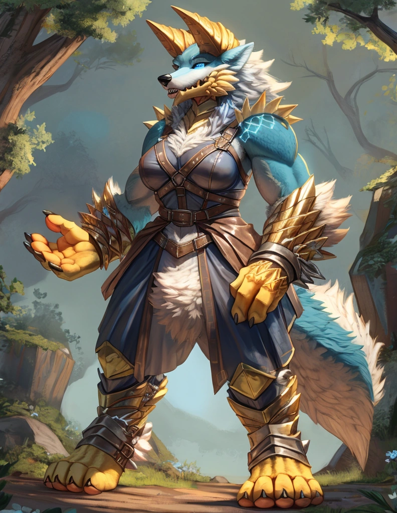 A fusion of a Wolf and a Dragon, Female, Yellow horns, High Quality, 4K, Wolf tail,((full body, Tall, blue eyes, Blue body, white furry, yellow hand, yellow feet, Blue face,4TOES, 4FINGERS, Wolf Mouth, Fluffy Wolf TAIL)),((horns)), Wolf Mouth, sharp teeth, spikes, detailed hands(4Fingers)), ,spikes, DETAILED FEET, , Epic armor, forest, Epic Leather Armor, Leather Armor, thick Harness, Metal Buckle, Druid Armor, Nature Armor, Lighting Eyes, Electricity aura, Leather Belt, Leather Crotch, Heavy Belt, Armored, Crackling Aura, Lighting Skin, 4FINGERS, Ranger Clothes, Ranger Leather, Fluffy Wolf Tail, Relaxed Stance, Casual Stance, Deep Mountain Forest, 