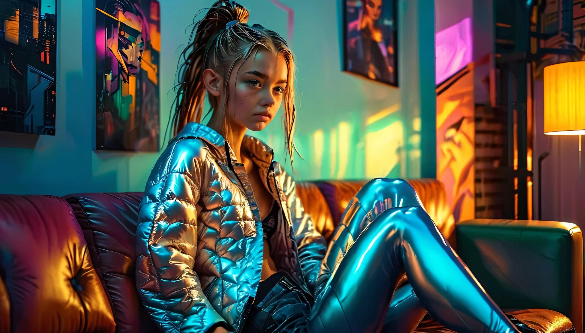high quality, masterpiece, high resolution, 8 k, (cute skinny girl ((((in a loose shiny quilted shirt of a large size with a deep neckline, deep neckline)))) and wet look leggings, ((small firm breasts)), beautiful detailed eyes, beautiful detailed lips, small closed mouth, very detailed face, tanned skin, long smooth hair, gathered in a ponytail, small hips, some tattoos, very young girl, girl-), (((in a cyberpunk apartment, casual pose next to the sofa))), Dark atmosphere, random dramatic and neon colors, futuristic setting, intriguing details, at night, with backlight, full frame Josef Kote style. --with 9:16 -- at 6