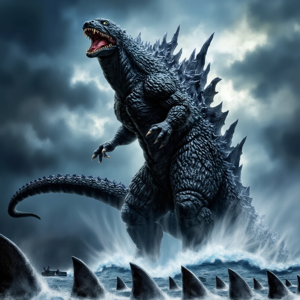 (masterpiece, best quality:1.2),  godzilla surfing, full body shot, detailed surf board, Hi3_godzilla