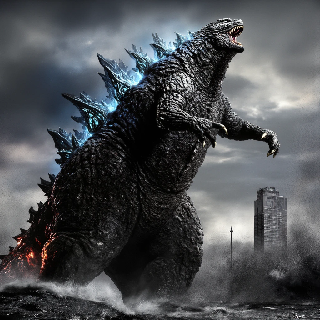 (masterpiece, best quality:1.2),  godzilla surfing, full body shot, detailed surf board, Hi3_godzilla