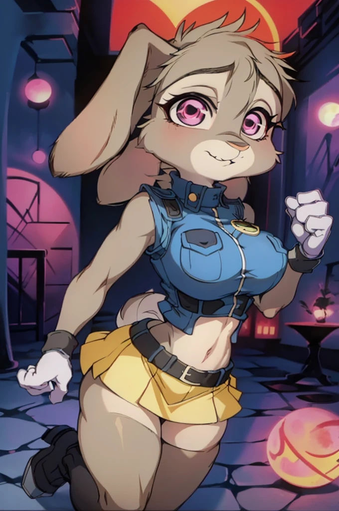 judyhopps, anthro, femenine body, in SerasVictoria uniform, Yellow Police Uniform, short skirt, Rabbit Head, Gray body, the night, red-eyes, Red Moon