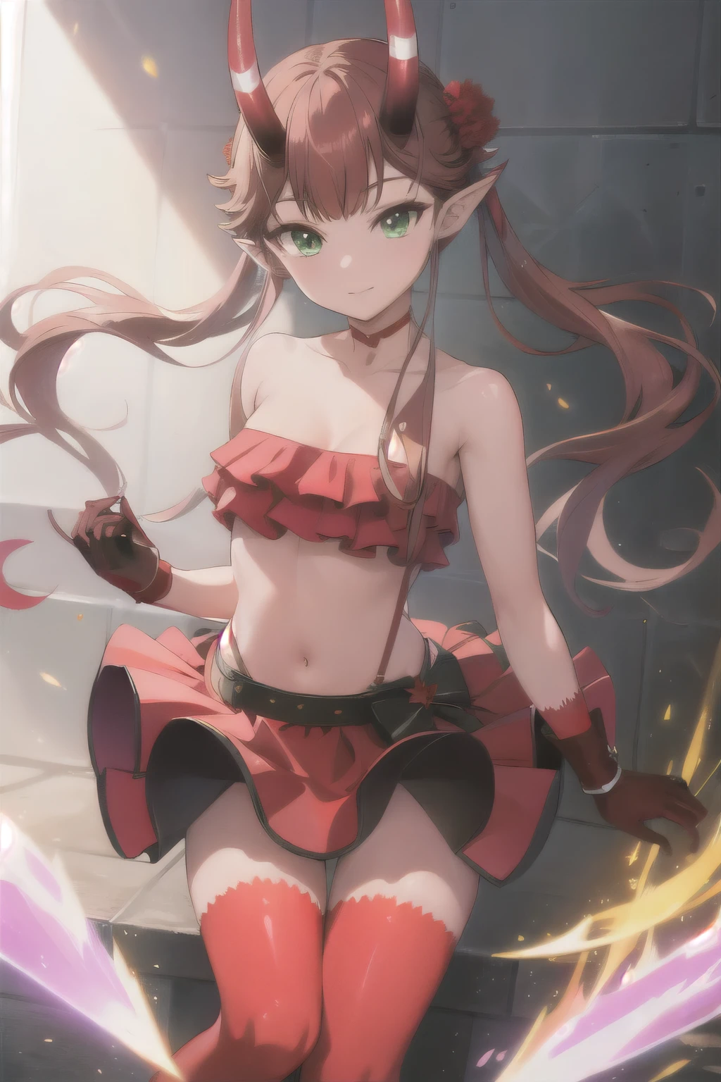 masterpiece, best quality, ultra-detailed, glistening shiny, glowing light, ray tracing, HDR, deph of field, (perfect face, detailed face),  msyu, long hair, twintails, hair flower, pointy ears, horns, red choker, tube top, strapless, red gloves, red skirt, red thighhighs