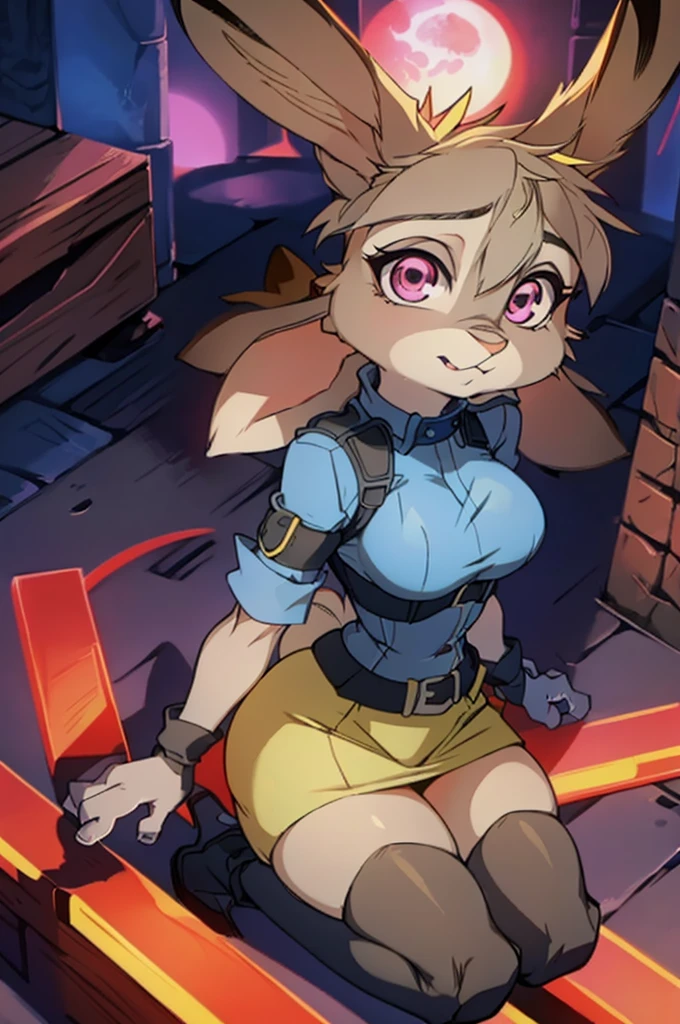 judyhopps, anthro, femenine body, in SerasVictoria uniform, Yellow Police Uniform, short skirt, Rabbit Head, Gray body, the night, red-eyes, Red Moon