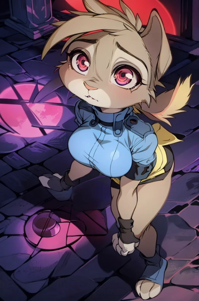 judyhopps, anthro, femenine body, in SerasVictoria uniform, Yellow Police Uniform, short skirt, Rabbit Head, Gray body, the night, red-eyes, Red Moon