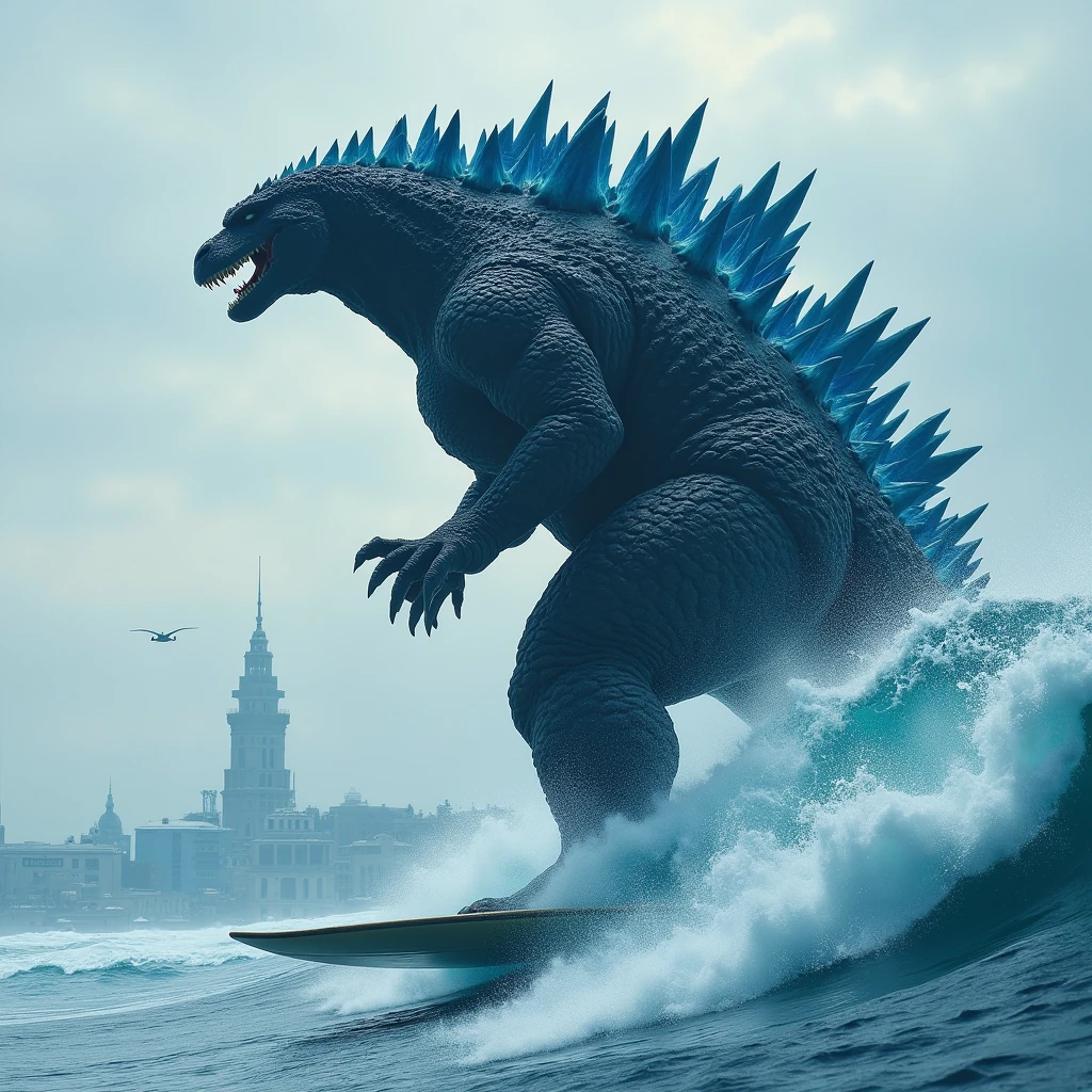 (masterpiece, best quality:1.2),  godzilla surfing, full body shot, detailed surf board, Hi3_godzilla