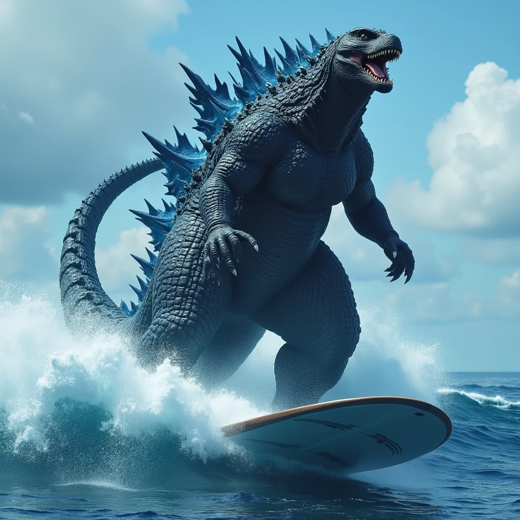 (masterpiece, best quality:1.2),  godzilla surfing, full body shot, detailed surf board, Hi3_godzilla